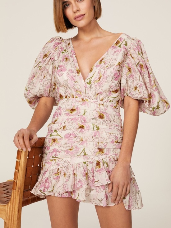 sau lee Dresses & Skirts - Sau Lee Posey Puff Sleeve Floral Pastel Pink Ruched Mini Dress Size US 8